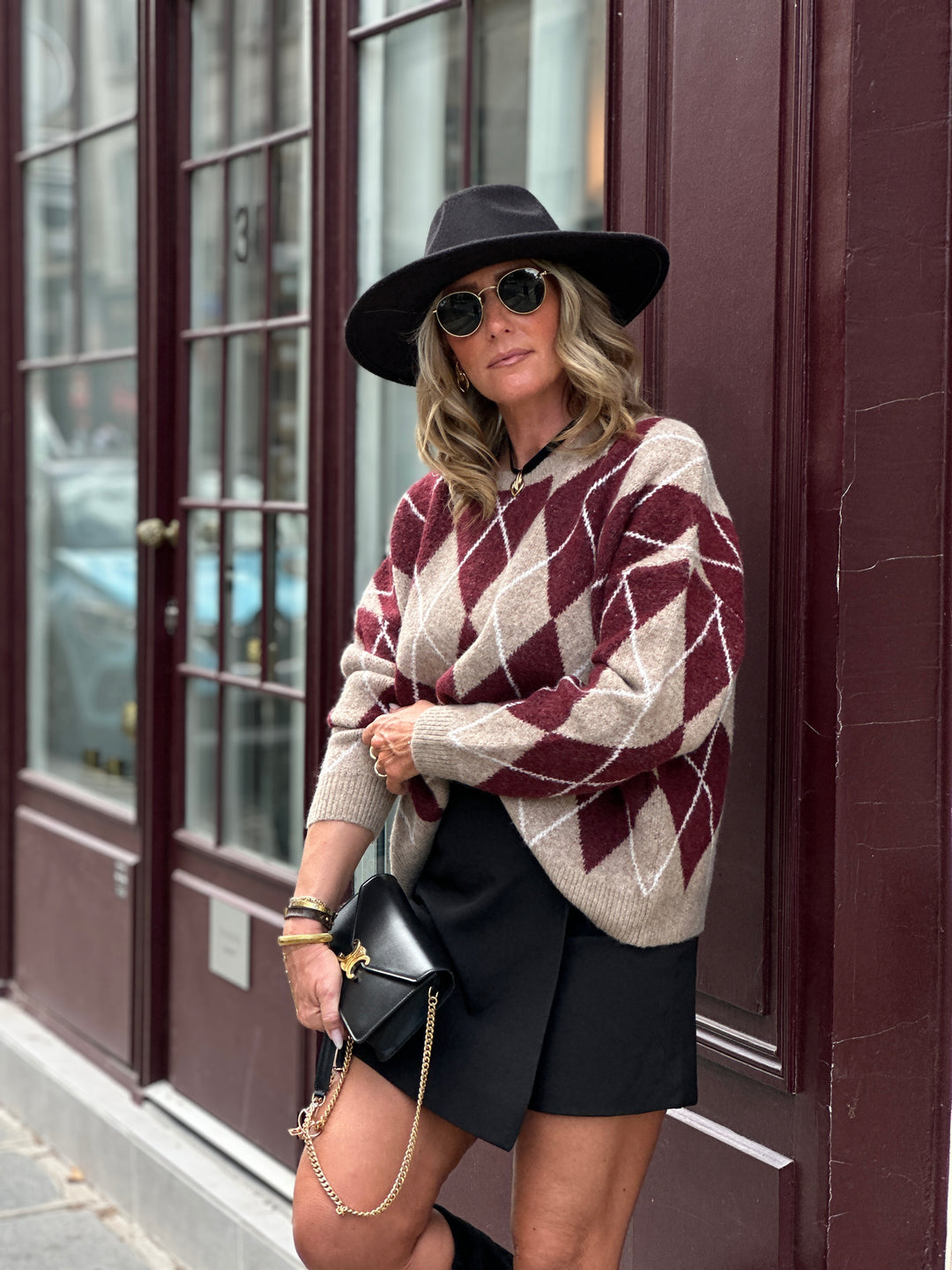 Pull maille motifs arlequin bordeaux 228
