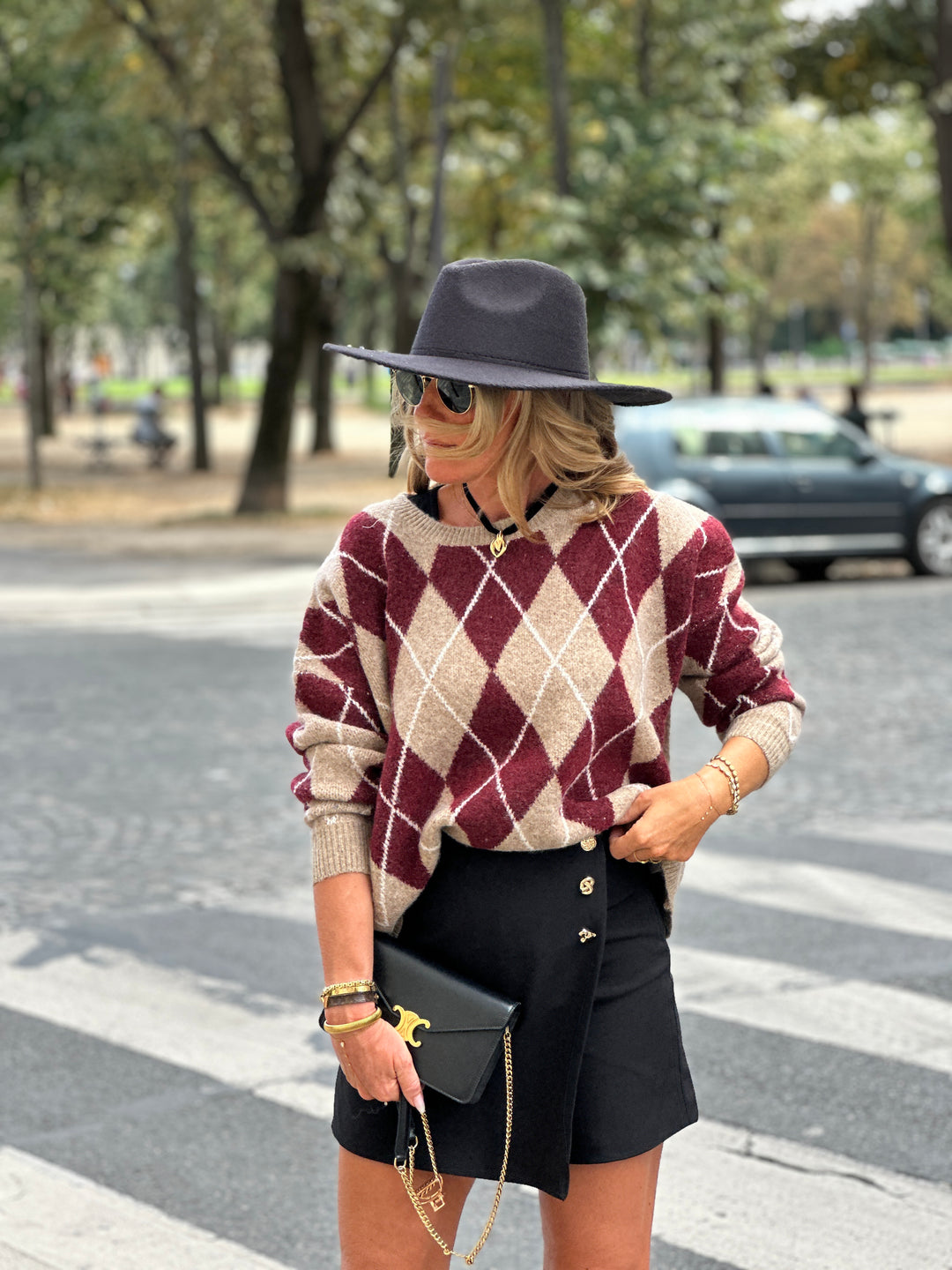 Pull maille motifs arlequin bordeaux 228