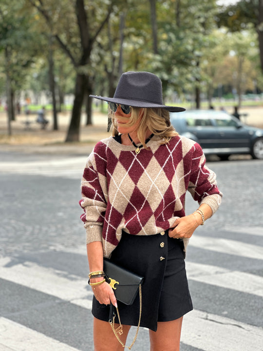Pull maille motifs arlequin bordeaux 228