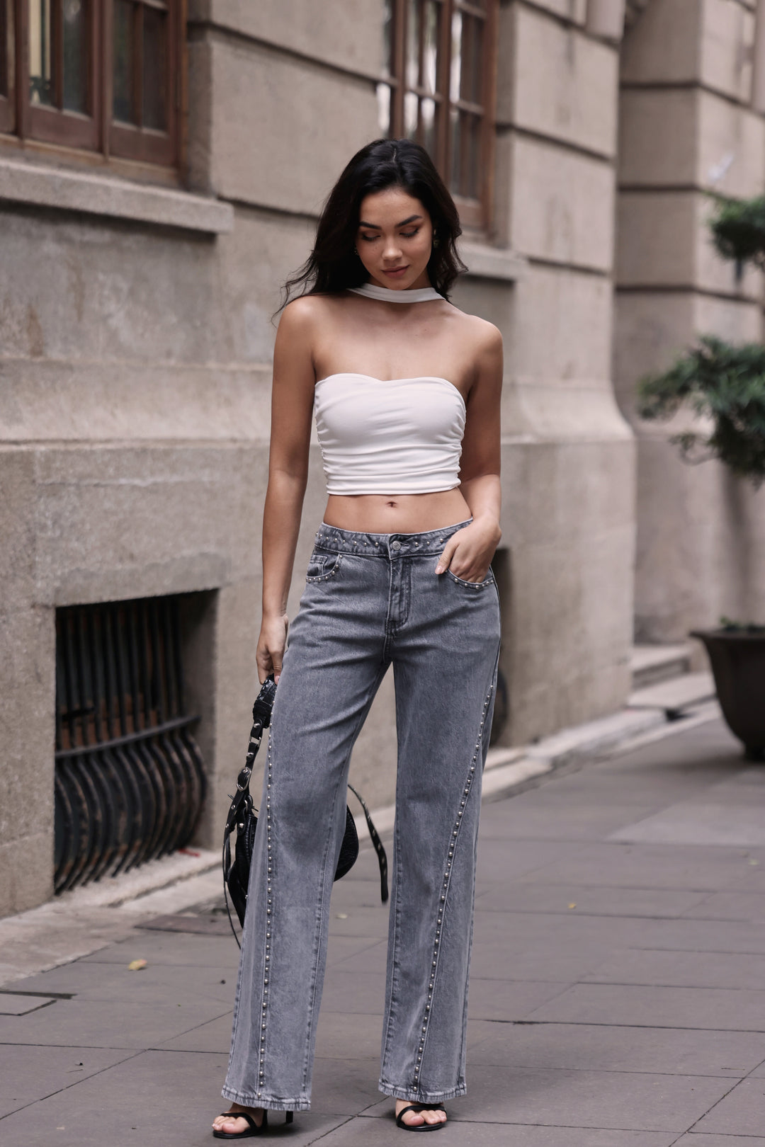 Jeans Clous Taille Mi-Haute Gris 0193