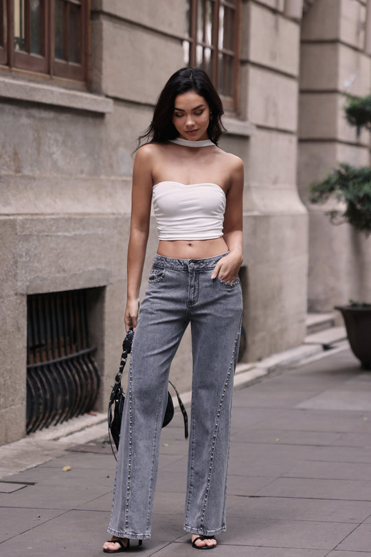 Jeans Clous Taille Mi-Haute Gris 0193