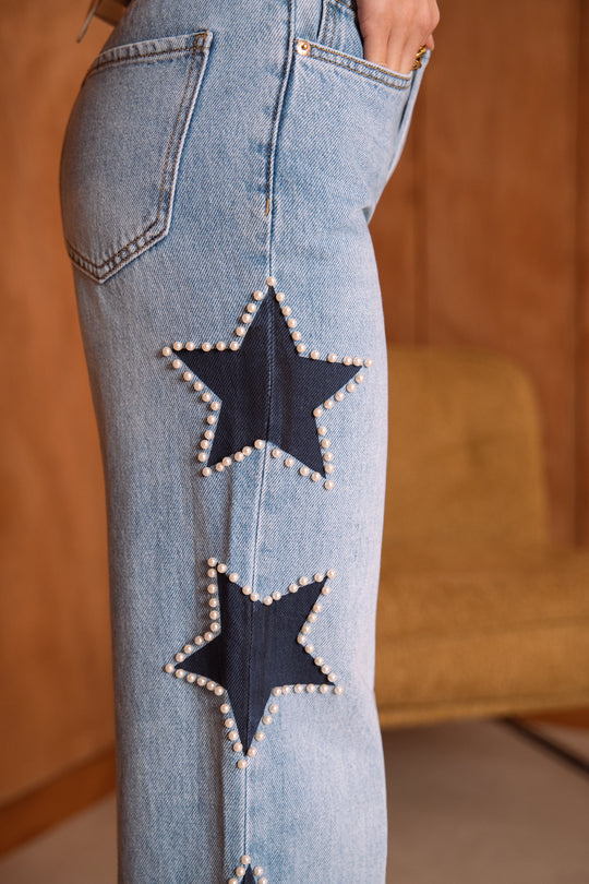 Jean wide étoiles perles JP9179 (taille petit) surtailler