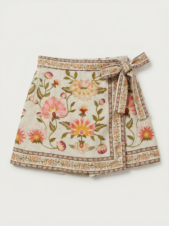 Jupe portefeuille imprimé Q33805 Beige