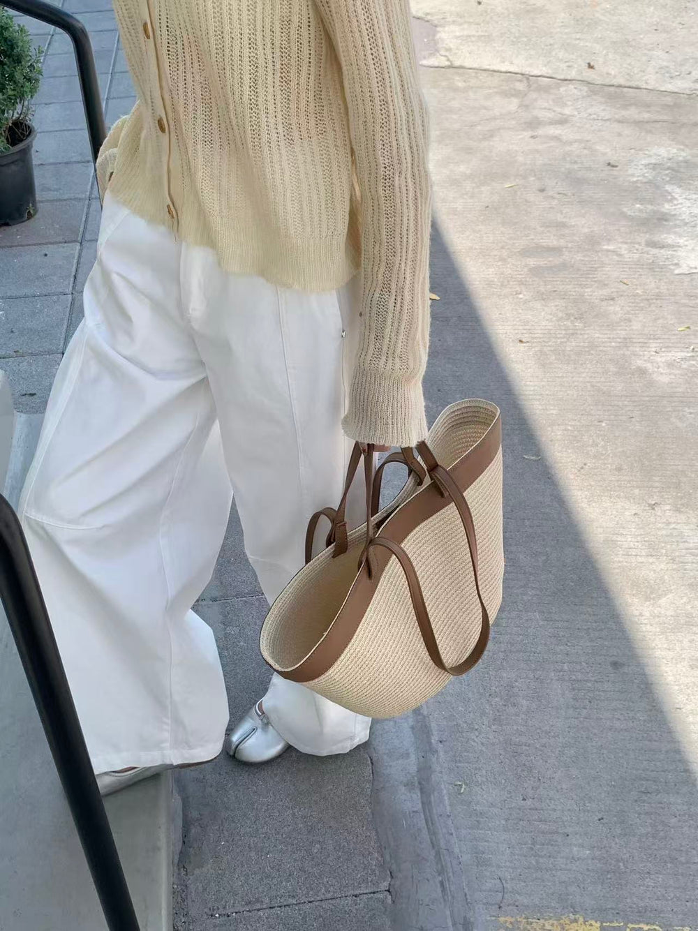 Sac paille à cabas beige bande 1322