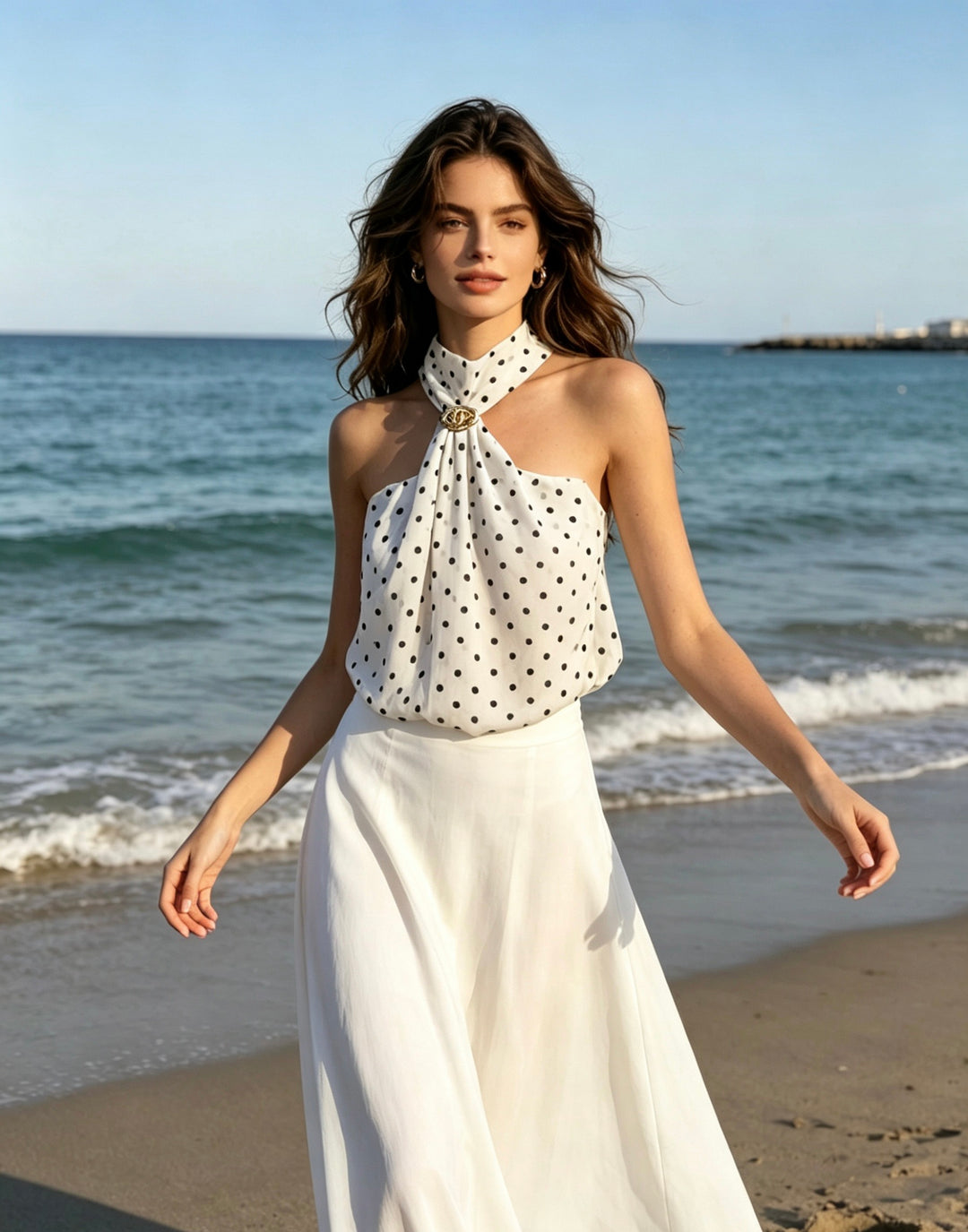 Blouse à pois attaché cou blanc 62111