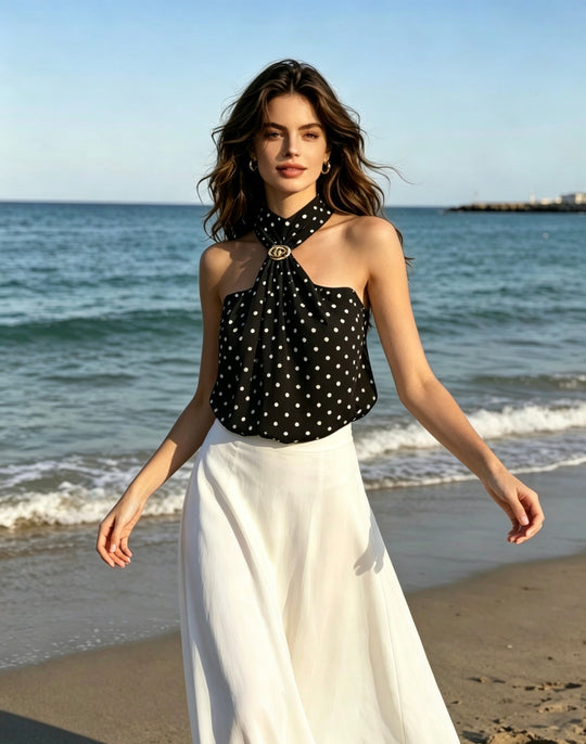 bustier à pois attaché cou noir 62111