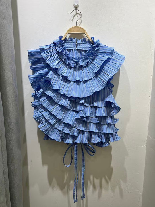 Top dos nus à volants plissés Bleu rayure 2501
