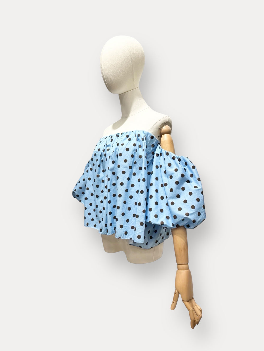 Blouse bustier boufffante manches à pois Bleu