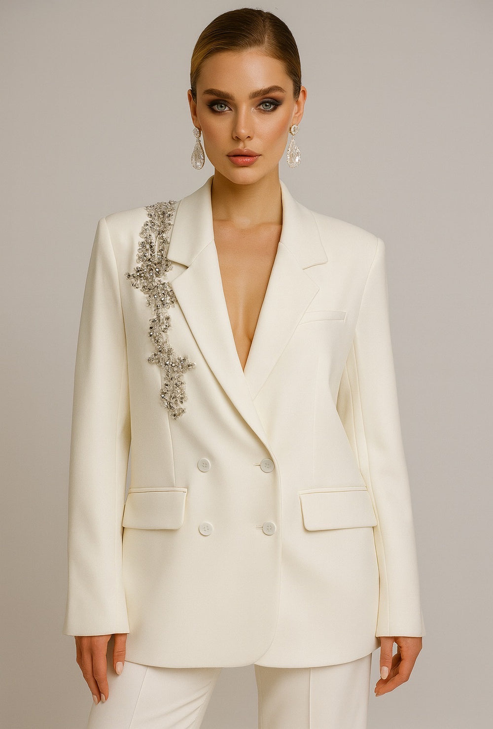 Blazer droite côté strass Écru V11120