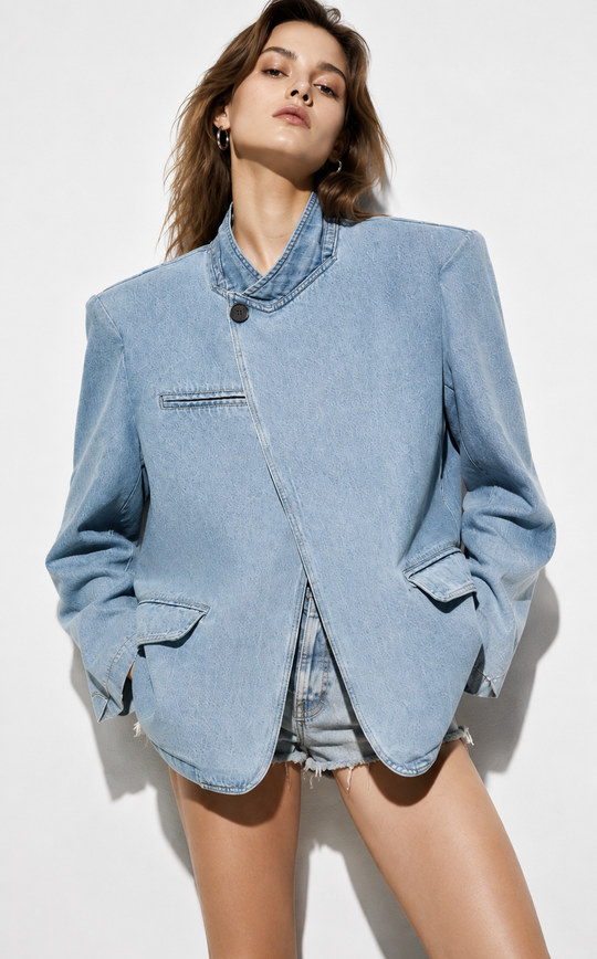 Blazer jean col croisée bleu 15337