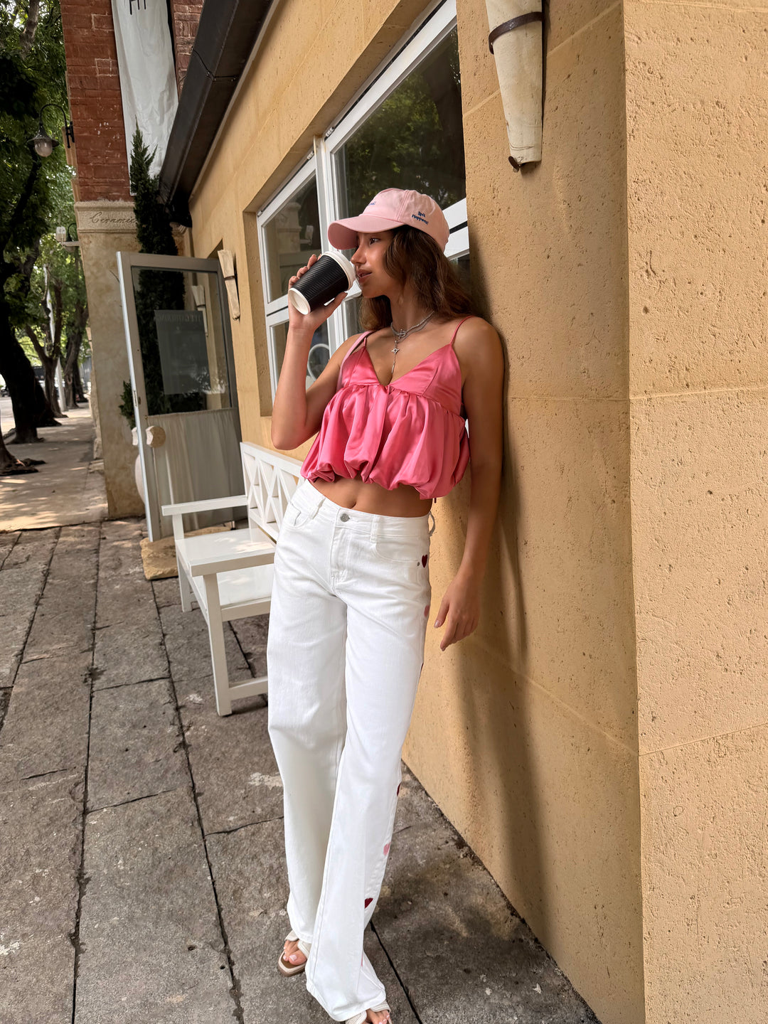 Jean blanc bandes cœurs rouge/rose 0236