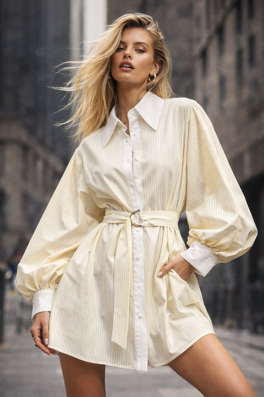 Robe chemise bouffante jaune 12623