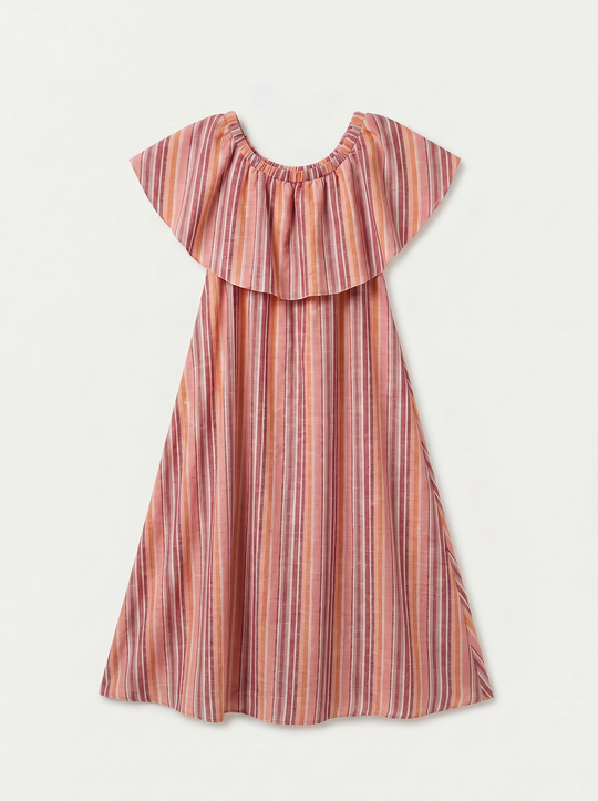 Robe Rayure col volant Abricot 06248