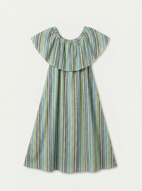 Robe Rayure col volant Vert 06248