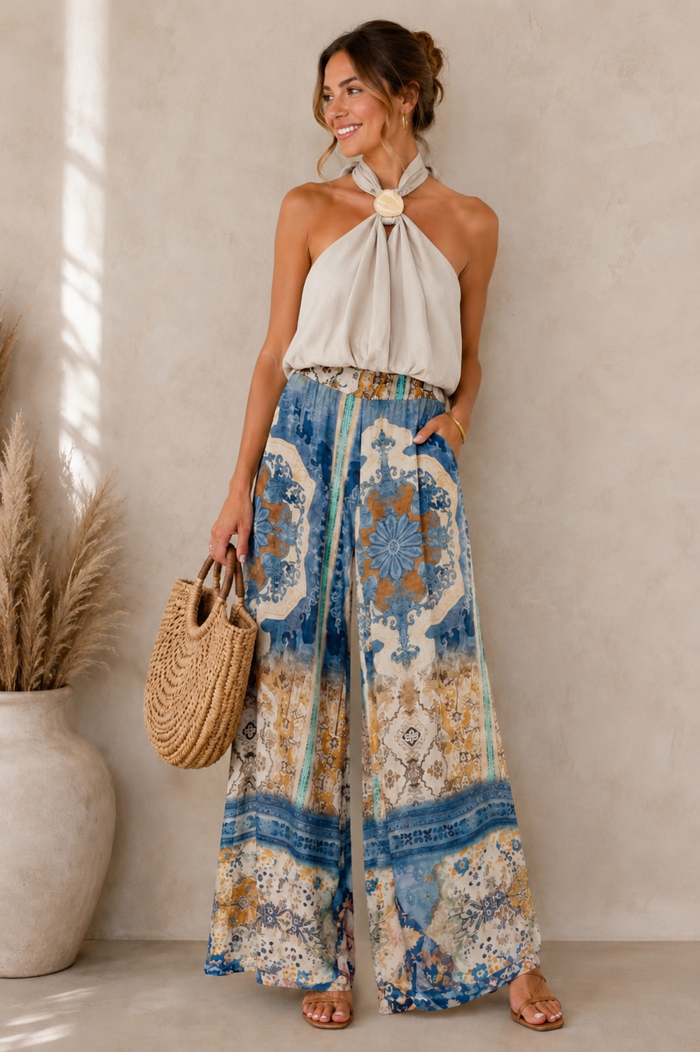 Pantalon tencel imprimé bleu