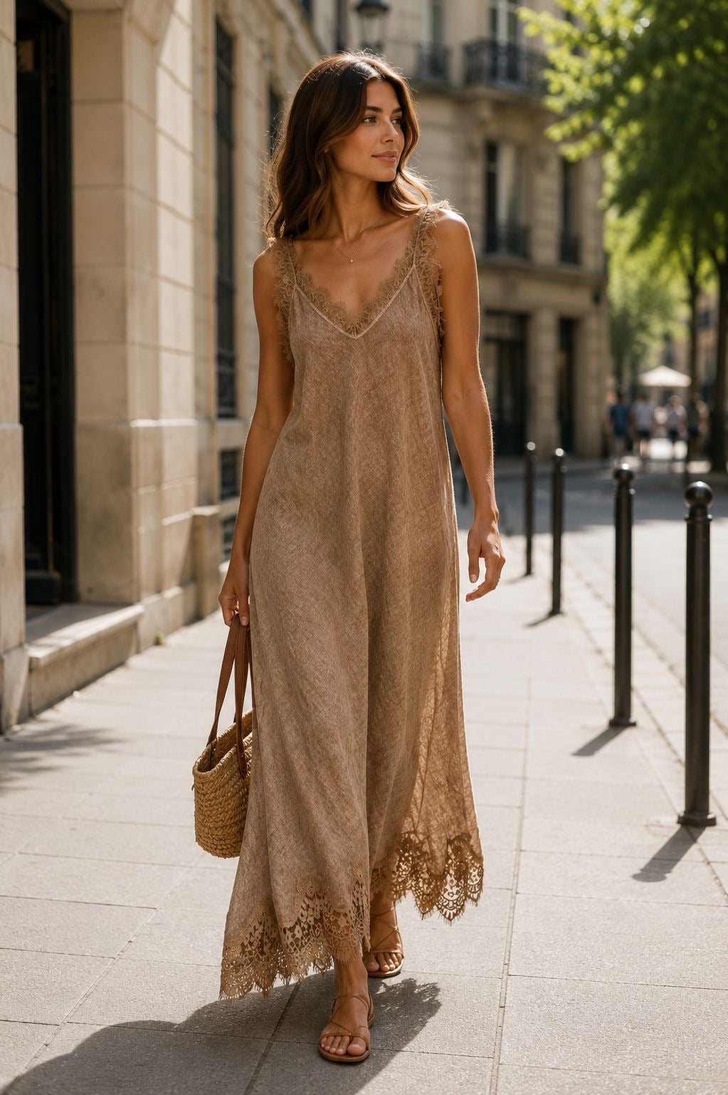 Robe lin aux dentelle 26700 Camel