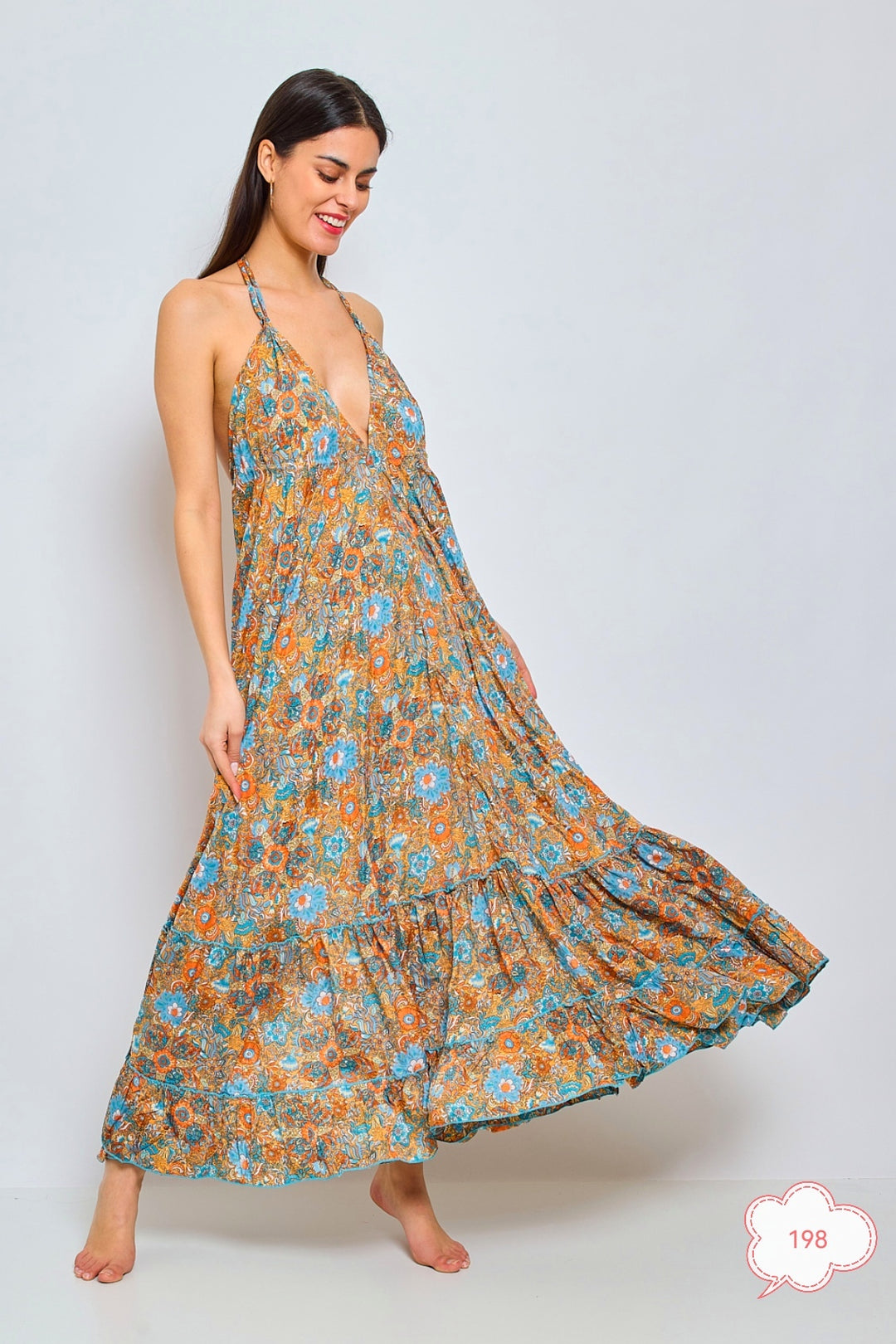 Robe imprimée dos nu orange/bleu 165-198