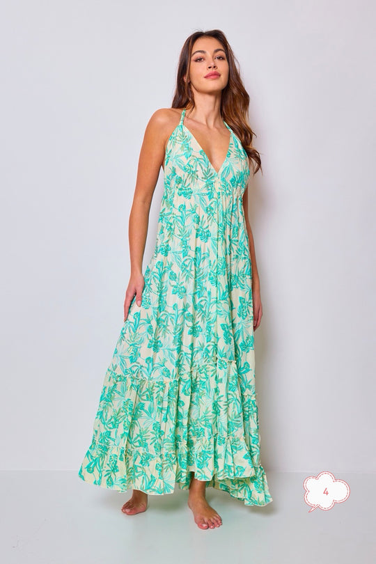 Robe imprimée dos nu turquoise 165-04