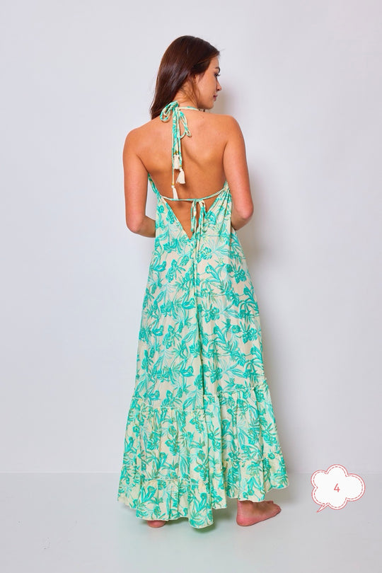 Robe imprimée dos nu turquoise 165-04