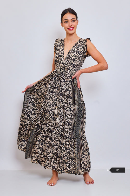 Robe imprimée col croisé Noir 1537-01