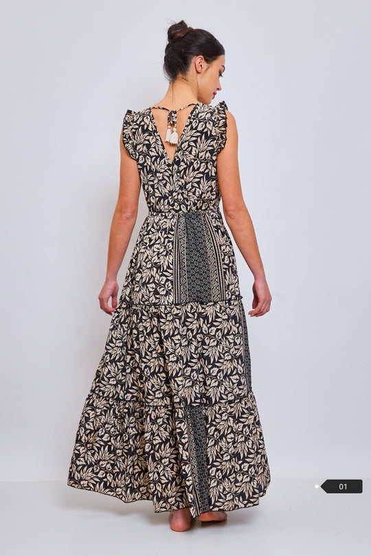 Robe imprimée col croisé Noir 1537-01