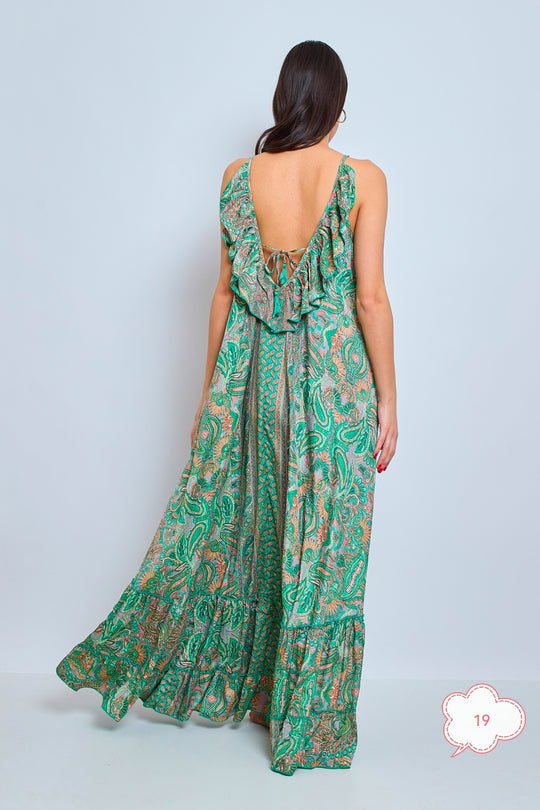 Robe imprimée dos volant vieux Vert 1572-19
