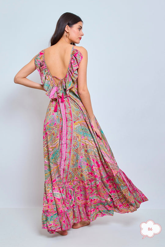 Robe imprimée dos volant vieux rose 1572-86