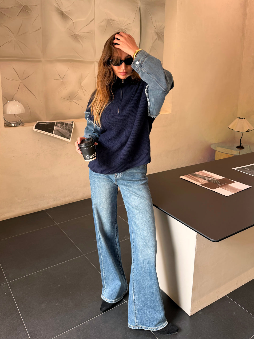 Pull À Zip Mi Maille Mi Denim H903 Bleu