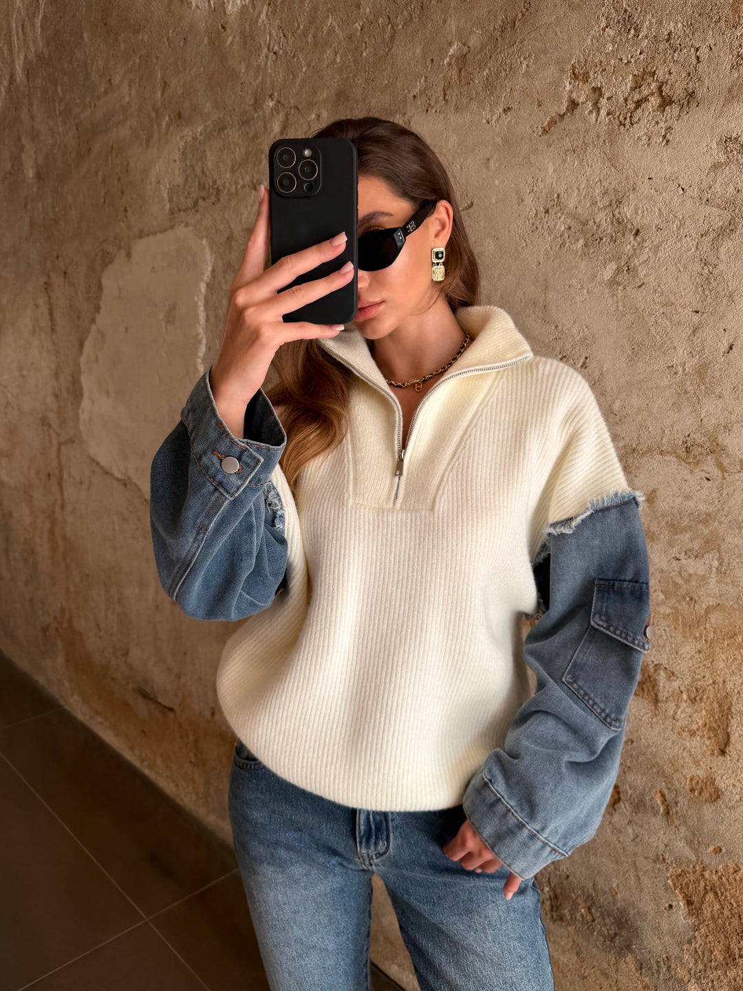 Pull À Zip Mi Maille Mi Denim H903 Ecru