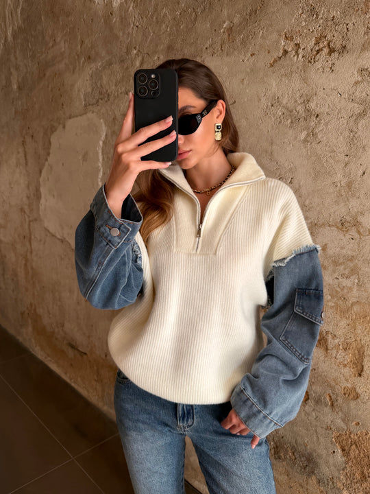 Pull À Zip Mi Maille Mi Denim H903 Ecru