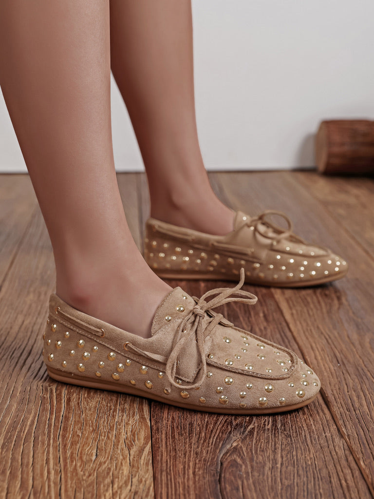 Mule daim beige clouté or X5-588