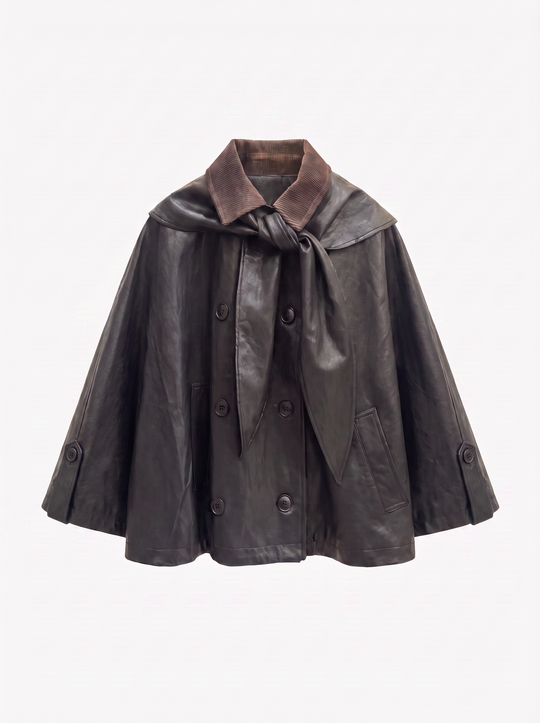 Veste cape Noir similicuir col attachés H2039