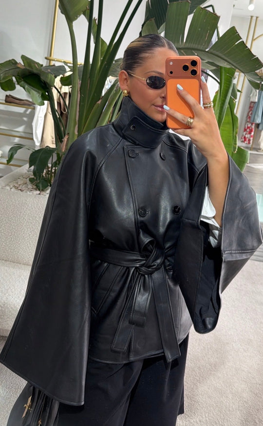 Veste similicuir ceinture manches longues 13985 Noir