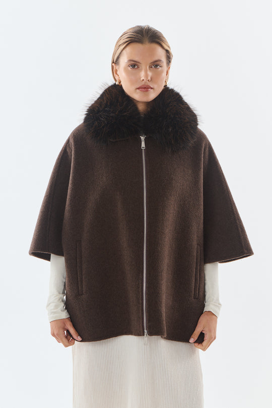 Veste laine col fourrure choco CLEMENTINE 9029