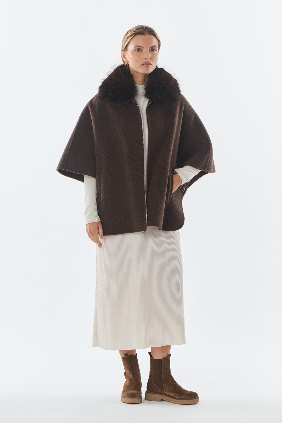 Veste laine col fourrure choco CLEMENTINE 9029