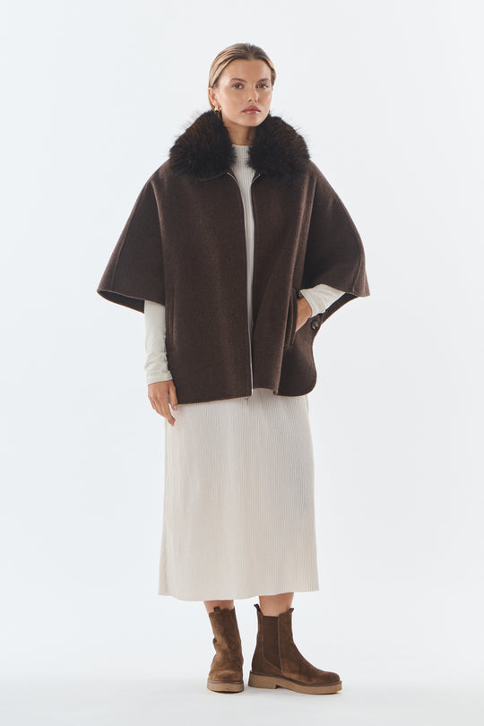 Veste laine col fourrure choco CLEMENTINE 9029