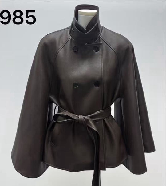 Veste similicuir ceinture manches longues 13985 Choco