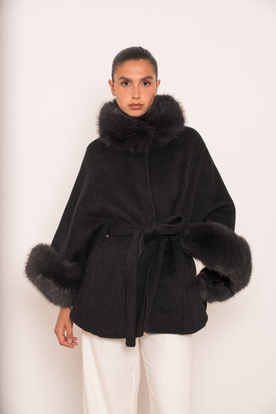 Manteau laine aux fourrures Gris 26134