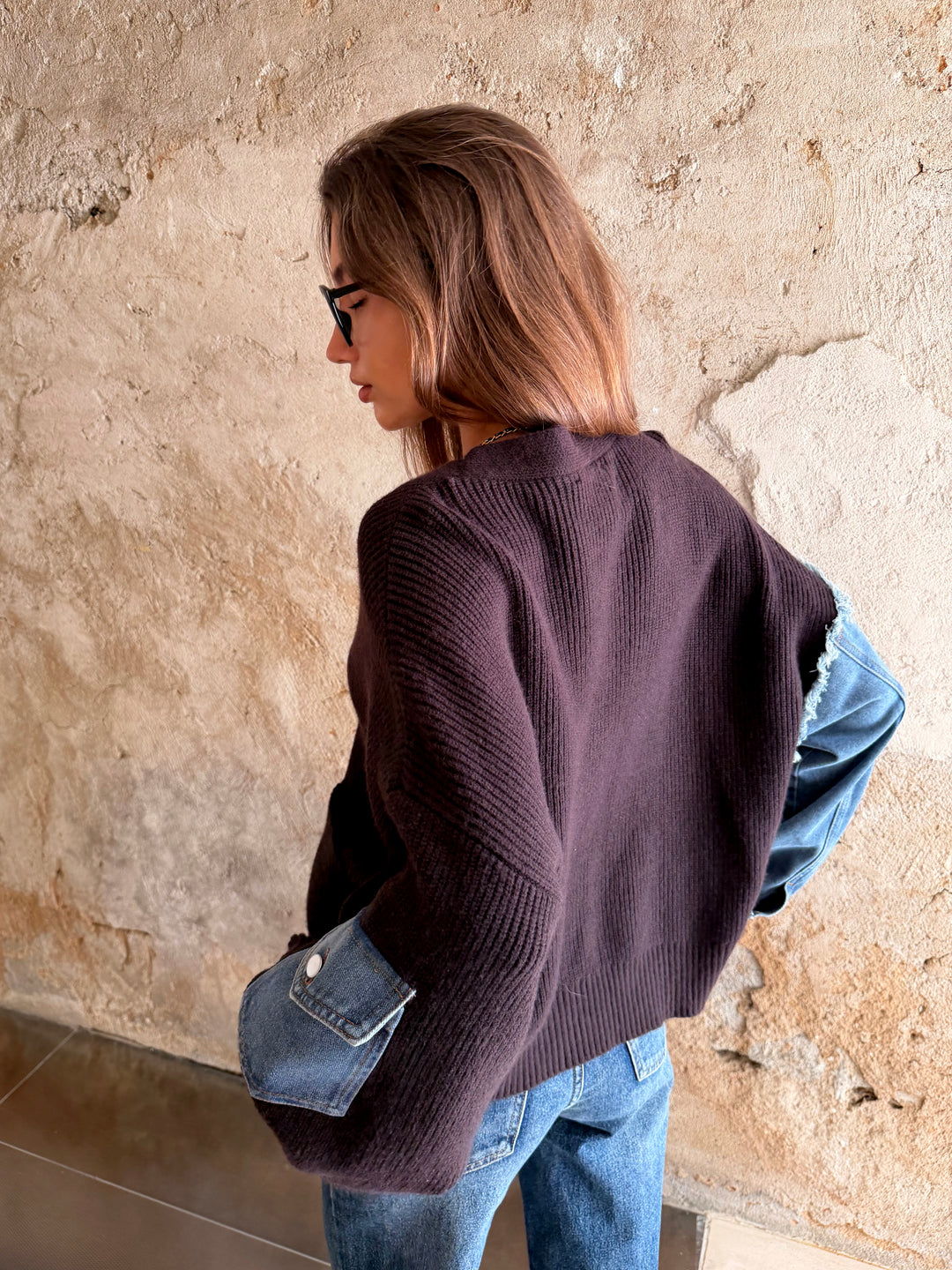 Gilet boutonné Maille manches jeans H905