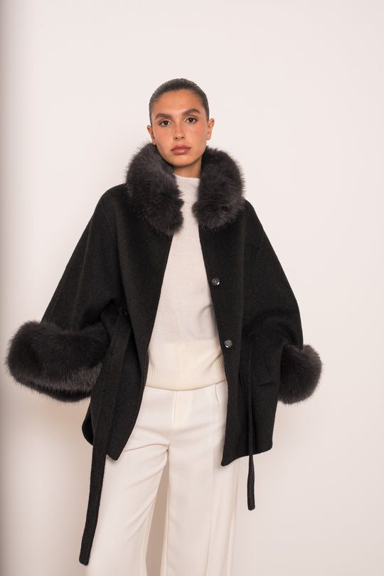 Manteau laine aux fourrures Gris 26134
