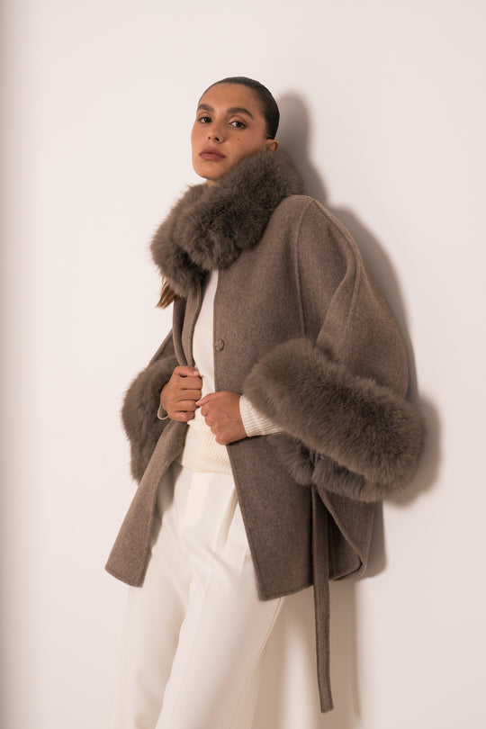 Manteau laine aux fourrures Taupe 26134