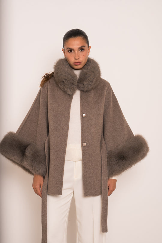 Manteau laine aux fourrures Taupe 26134