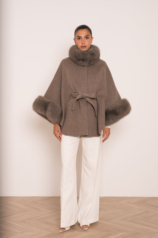 Manteau laine aux fourrures Taupe 26134