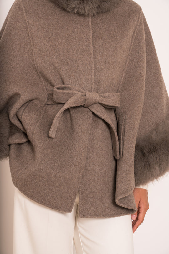 Manteau laine aux fourrures Taupe 26134