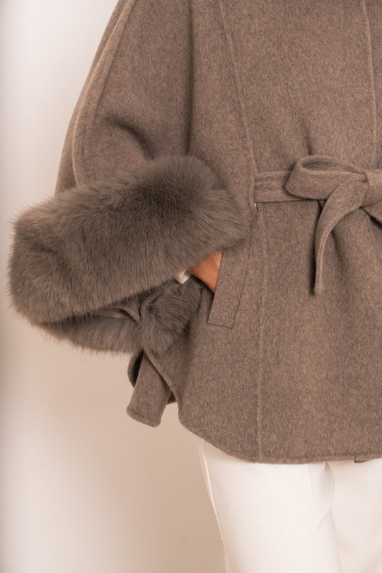 Manteau laine aux fourrures Taupe 26134