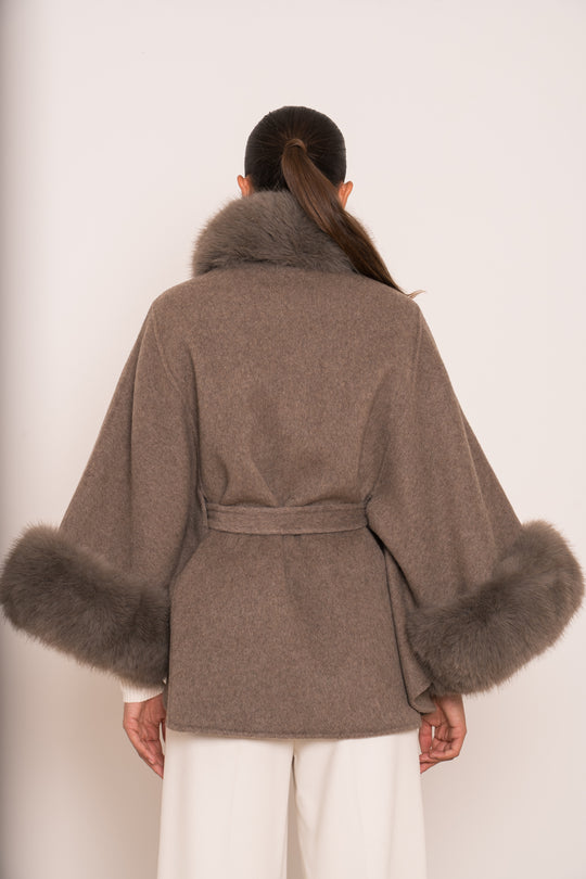Manteau laine aux fourrures Taupe 26134