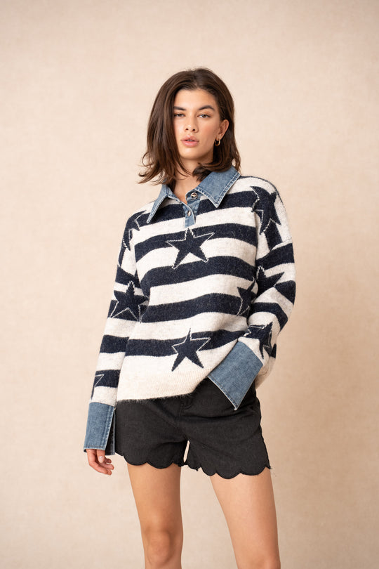 Pull étoiles jean bleu Lp013