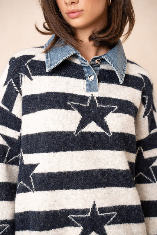 Pull étoiles jean bleu Lp013