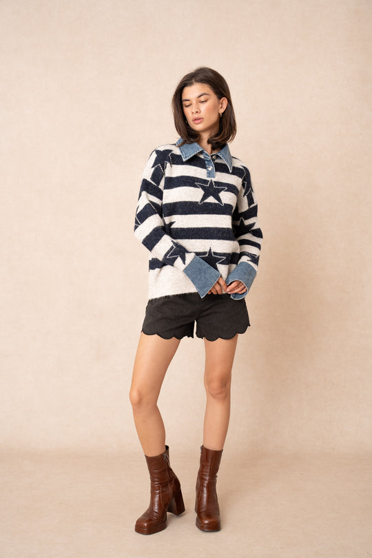 Pull étoiles jean bleu Lp013