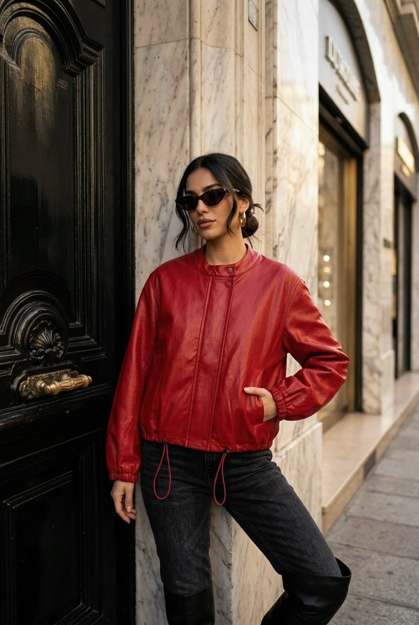 Veste bomber similicuir rouge 7121
